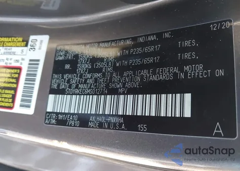 2021 Toyota Sienna Xle z USA, uszkodzony, nr VIN 5TDYRKEC6MS012714